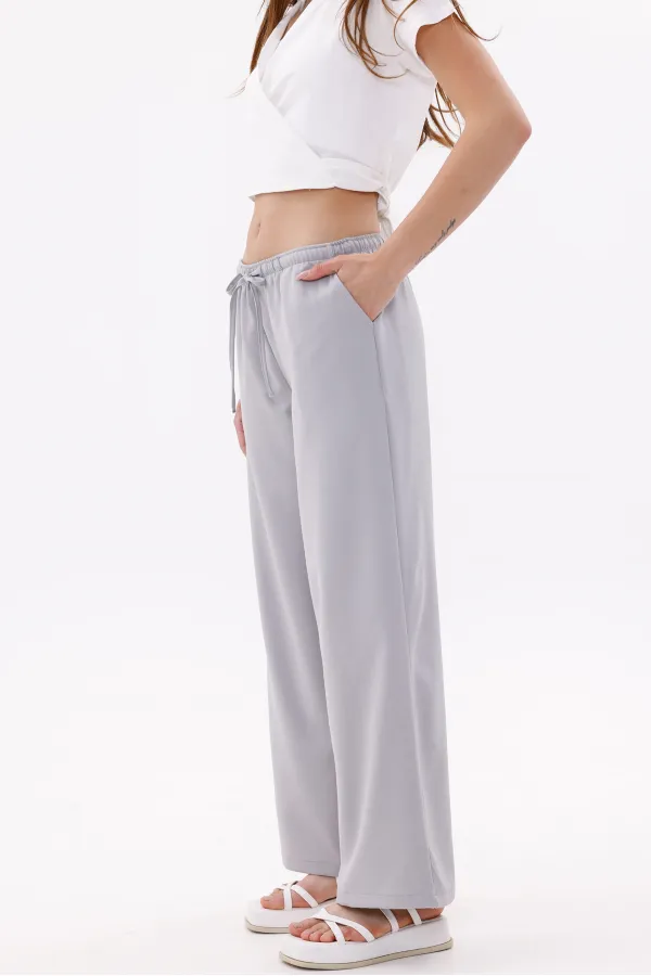 Women's Wide Leg Trousers Cotton Viscose Pocketed Trousers with Elastic Waist WIDE LEG-TROUSERS
