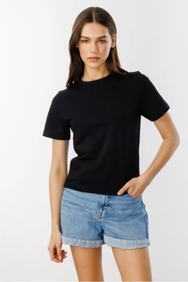 Kadın T-shirt Kısa Kollu Organik Pamuklu Bisiklet Yaka Crop T-shirt