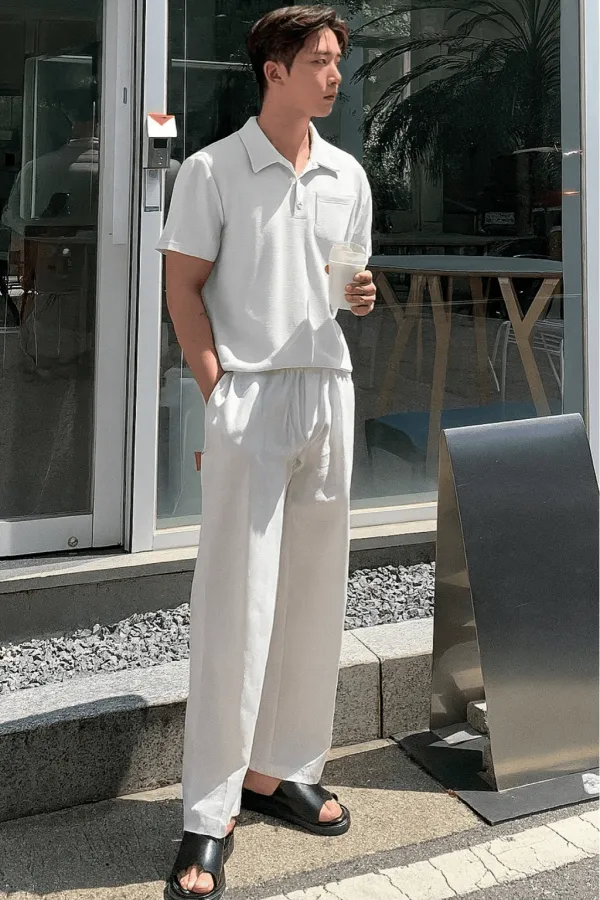 Erkek Oversize Polo Yaka  Waffle T-Shirt  POLOYAKA-DÜĞMELİ