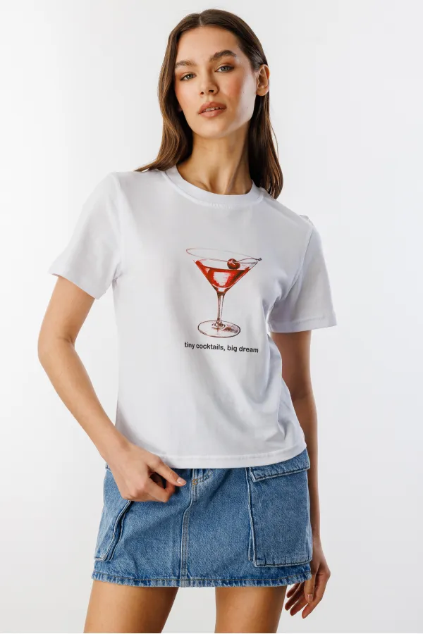 T-shirt court à manches courtes et col rond en coton biologique imprimé cocktail pour femme COCKTAIL-T-SHIRT