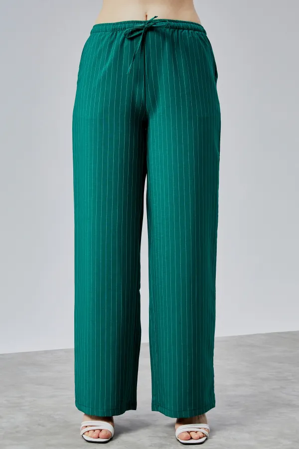 Kadın Pantolon Geniş Paça Yüksel Bel Cepli Çizgili Pantolon ÇİZGİLİ-PANTOLON