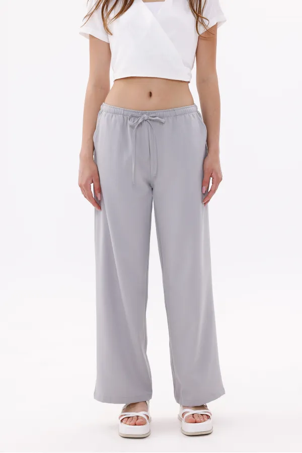 Women's Wide Leg Trousers Cotton Viscose Pocketed Trousers with Elastic Waist WIDE LEG-TROUSERS