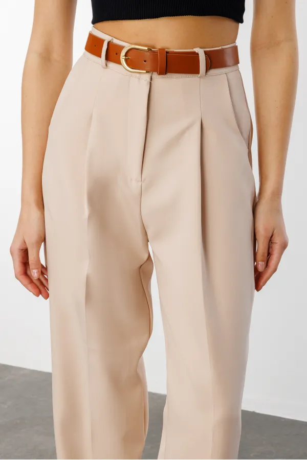 Women's Skinny Leg Pleated Belted Seasonal Fabric Trousers BELTED-TROUSERS