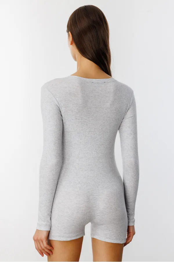 GENIUS STORE Ribbed Long Sleeve Short Jumpsuit Romper LONG SLEEVE-JUMPSUIT