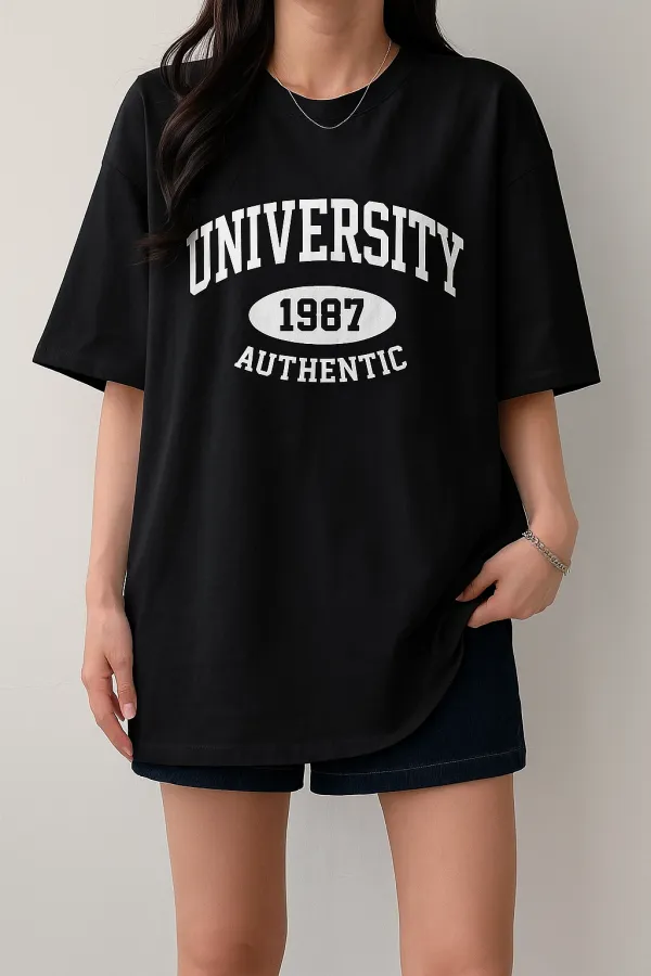 Kadın Tişört Baskılı Uzun T-shirt Pamuklu Oversize Tişört UNIVERSİTY-KADIN