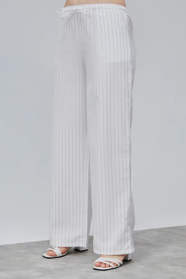 Pantalon rayé taille haute à jambes larges pour femme avec poches