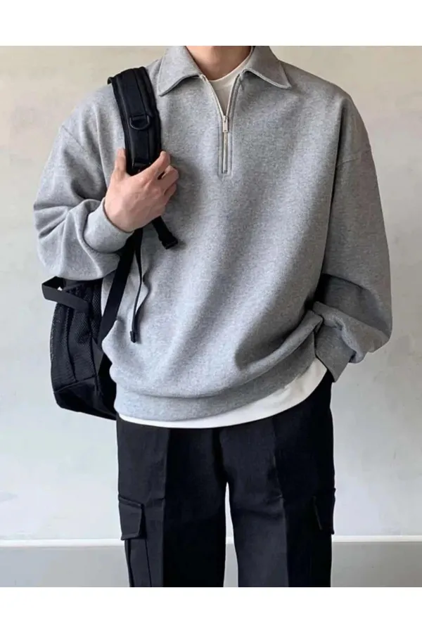 Sweat-shirt oversize à col polo pour homme, demi-zip