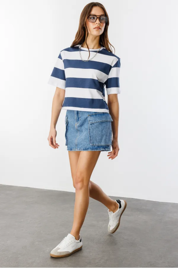 Boxy Fit Bisiklet Yaka Çizgili Basic Kısa Kollu Tişört CROP-ÇİZGİLİ