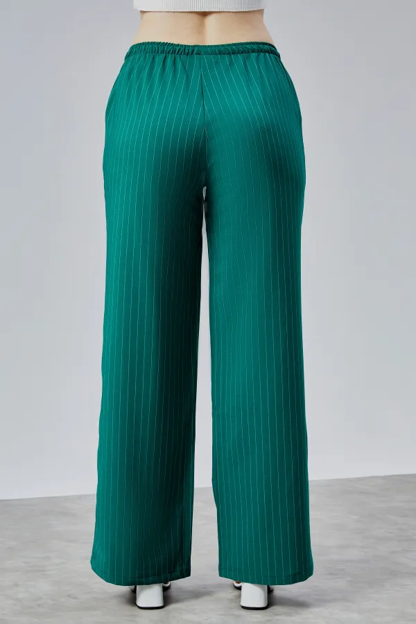 Kadın Pantolon Geniş Paça Yüksel Bel Cepli Çizgili Pantolon ÇİZGİLİ-PANTOLON