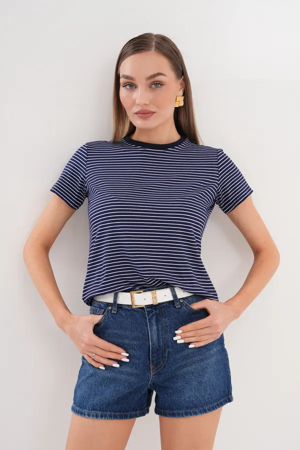 Women's Striped T-shirt Crew Neck Short Sleeve T-Shirt STRIPED-T-SHIRT