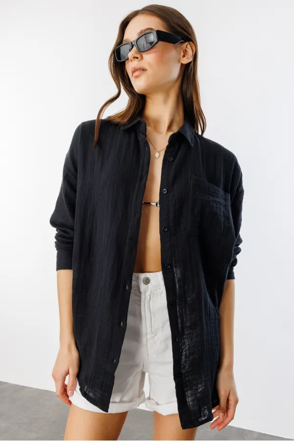 Oversize Basic Müslin Kadın Gömlek KADIN-MÜSLİN-GÖMLEK