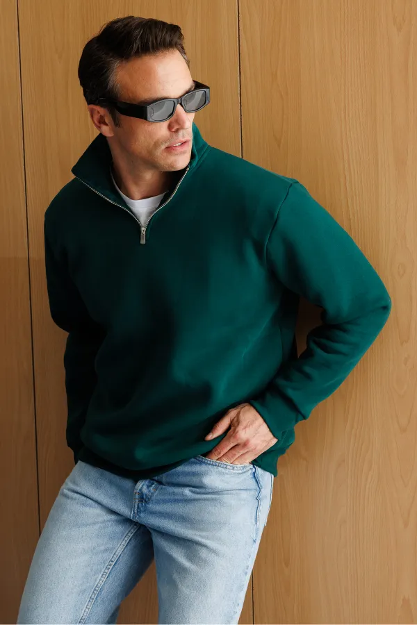 Sweat-shirt unisexe, coupe décontractée, coton, doublure polaire, demi-zip, col montant