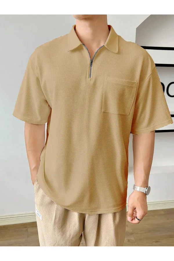 Erkek Oversize Polo Yaka Waffle T-Shirt  POLOYAKA-FERMUARLI