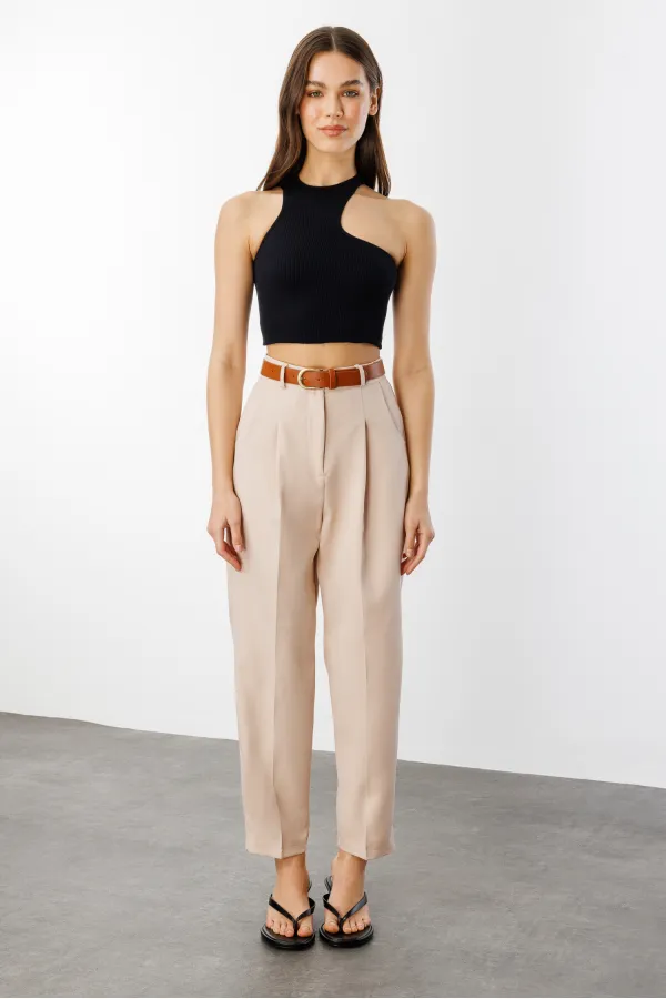 Women's Skinny Leg Pleated Belted Seasonal Fabric Trousers BELTED-TROUSERS