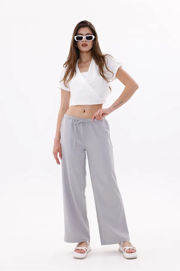 Women's Wide Leg Trousers Cotton Viscose Pocketed Trousers with Elastic Waist WIDE LEG-TROUSERS