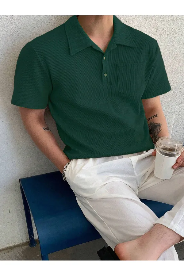Erkek Oversize Polo Yaka  Waffle T-Shirt  POLOYAKA-DÜĞMELİ