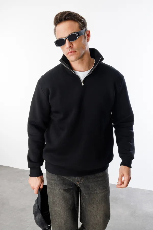 Sweat-shirt unisexe, coupe décontractée, coton, doublure polaire, demi-zip, col montant