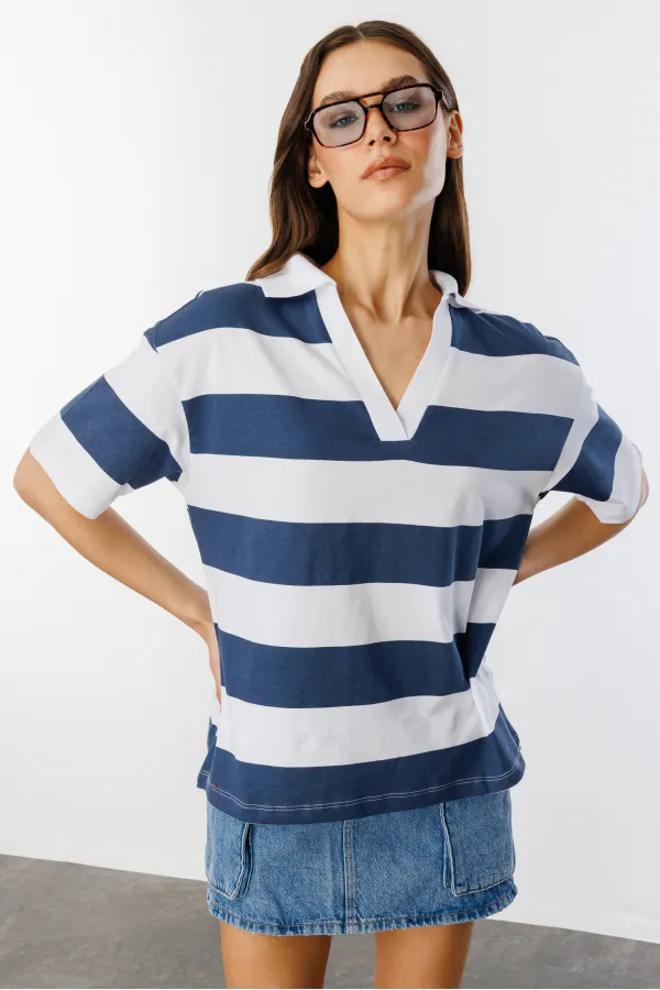 Relax Fit Çizgili Penye Kısa Kollu Polo Tişört ÇİZGİLİ-POLOYAKA