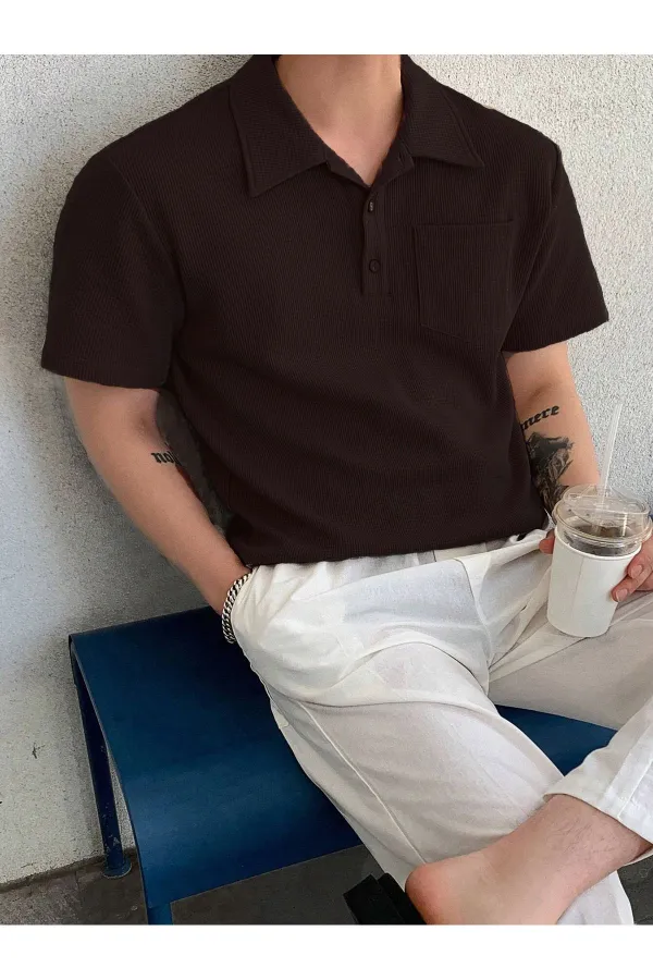 Erkek Oversize Polo Yaka  Waffle T-Shirt  POLOYAKA-DÜĞMELİ