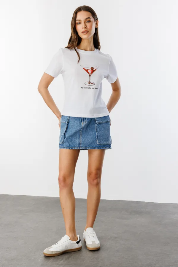 T-shirt court à manches courtes et col rond en coton biologique imprimé cocktail pour femme COCKTAIL-T-SHIRT