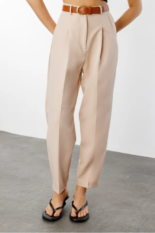 Women's Skinny Leg Pleated Belted Seasonal Fabric Trousers BELTED-TROUSERS