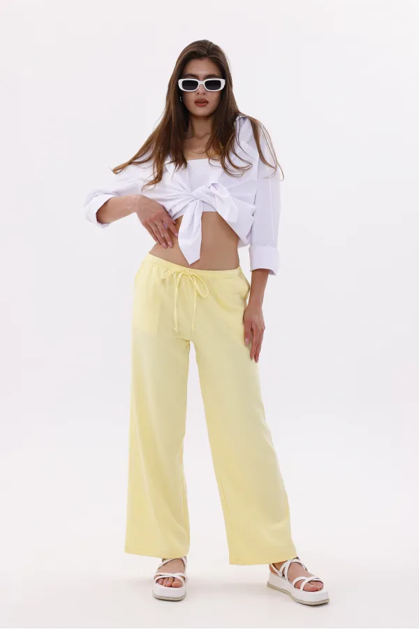 Women's Wide Leg Cotton Viscose Pants with Pockets, Elastic Waistband. WIDE LEG PANTS