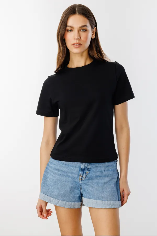 Kadın T-shirt Kısa Kollu Organik Pamuklu Bisiklet Yaka Crop T-shirt