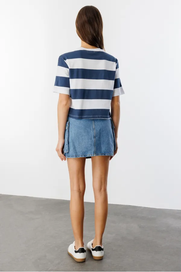 Boxy Fit Bisiklet Yaka Çizgili Basic Kısa Kollu Tişört CROP-ÇİZGİLİ
