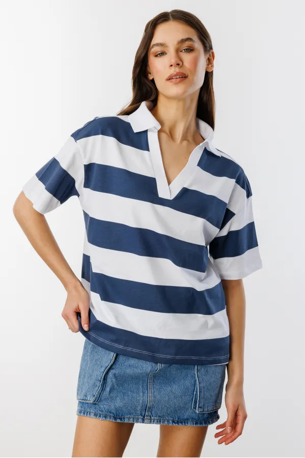 Relax Fit Çizgili Penye Kısa Kollu Polo Tişört ÇİZGİLİ-POLOYAKA