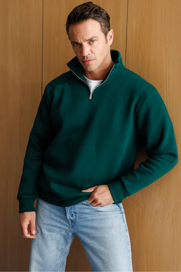 Sweat-shirt unisexe, coupe décontractée, coton, doublure polaire, demi-zip, col montant