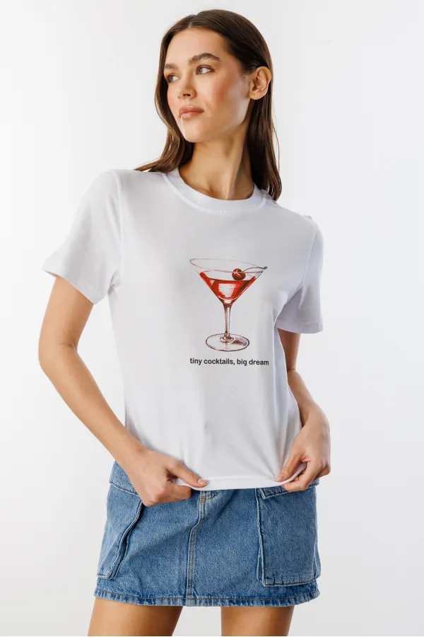 T-shirt court à manches courtes et col rond en coton biologique imprimé cocktail pour femme COCKTAIL-T-SHIRT