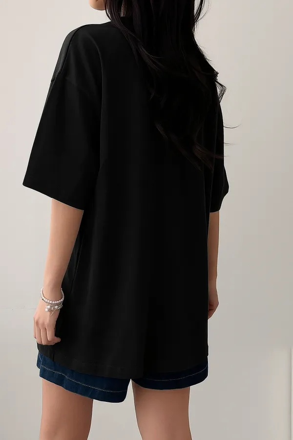 Kadın Tişört Baskılı Uzun T-shirt Pamuklu Oversize Tişört UNIVERSİTY-KADIN