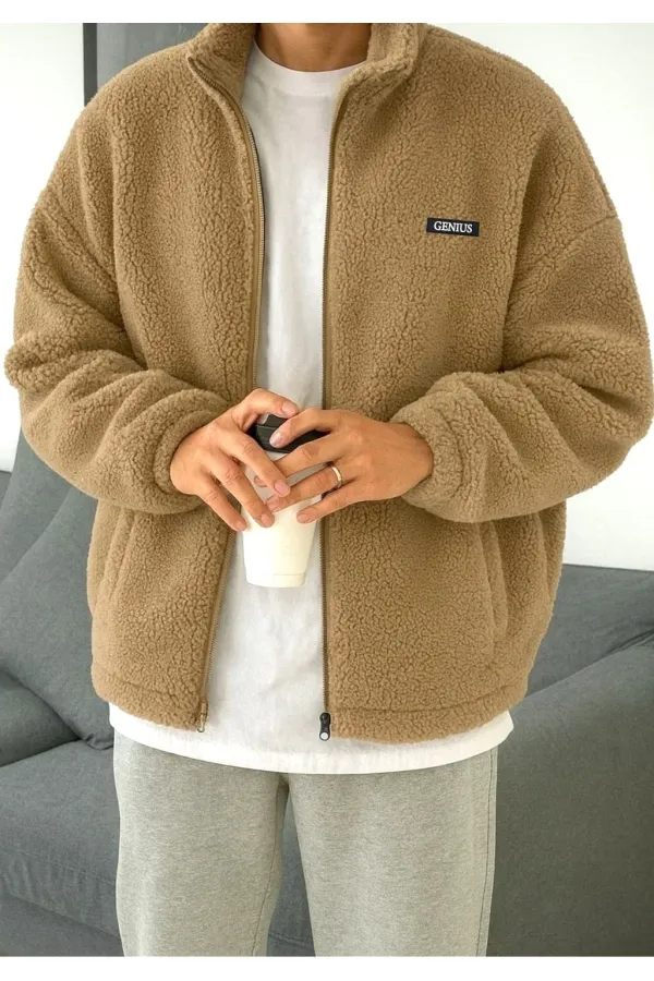 Oversize Peluş Tam Fermuarlı Sweatshirt Peluş İçi Polarlı Sherpa Kumaş Sweatshirt