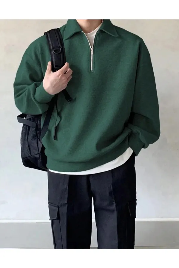 Sweat-shirt oversize à col polo pour homme, demi-zip