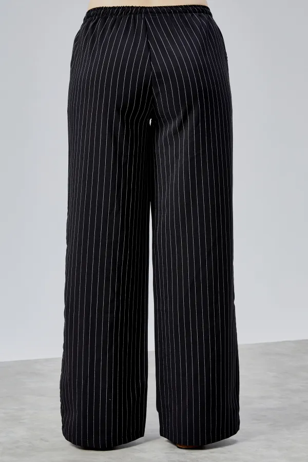 Kadın Pantolon Geniş Paça Yüksel Bel Cepli Çizgili Pantolon ÇİZGİLİ-PANTOLON
