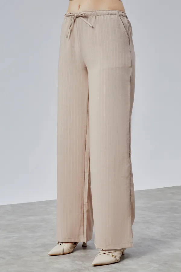 Kadın Pantolon Geniş Paça Yüksel Bel Cepli Çizgili Pantolon ÇİZGİLİ-PANTOLON