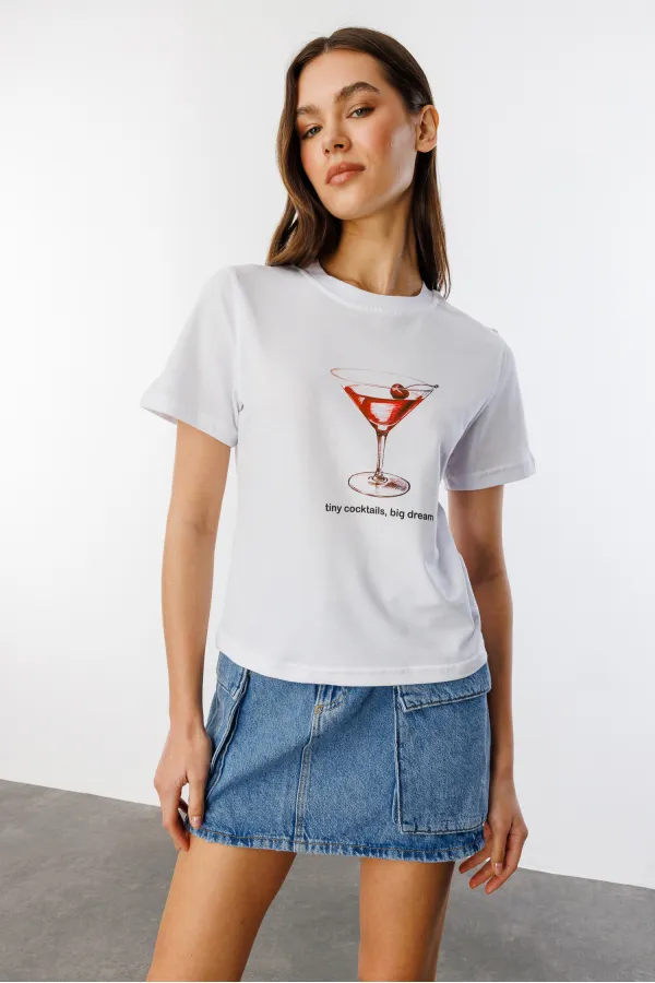 T-shirt court à manches courtes et col rond en coton biologique imprimé cocktail pour femme COCKTAIL-T-SHIRT