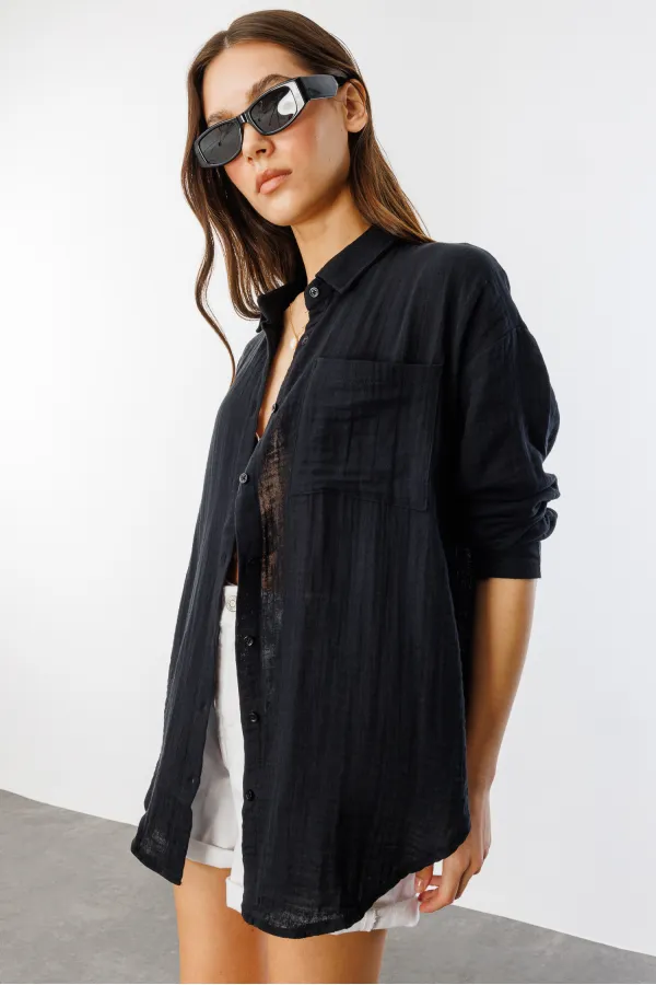 Oversize Basic Müslin Kadın Gömlek KADIN-MÜSLİN-GÖMLEK