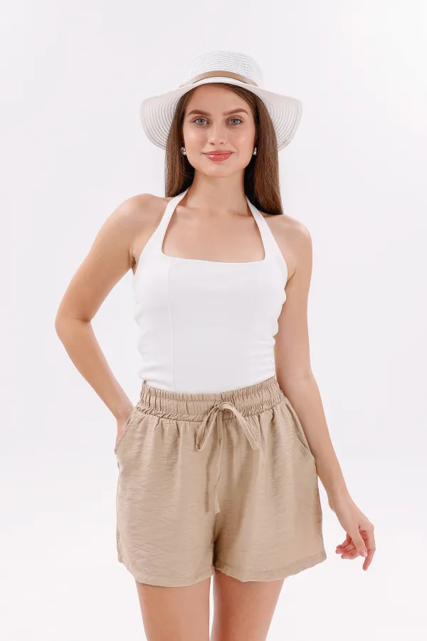 Genıus Store Kadın Şort Aerobin Pamuklu Cepli Çekmez Kumaş Beli Lastikli Şort