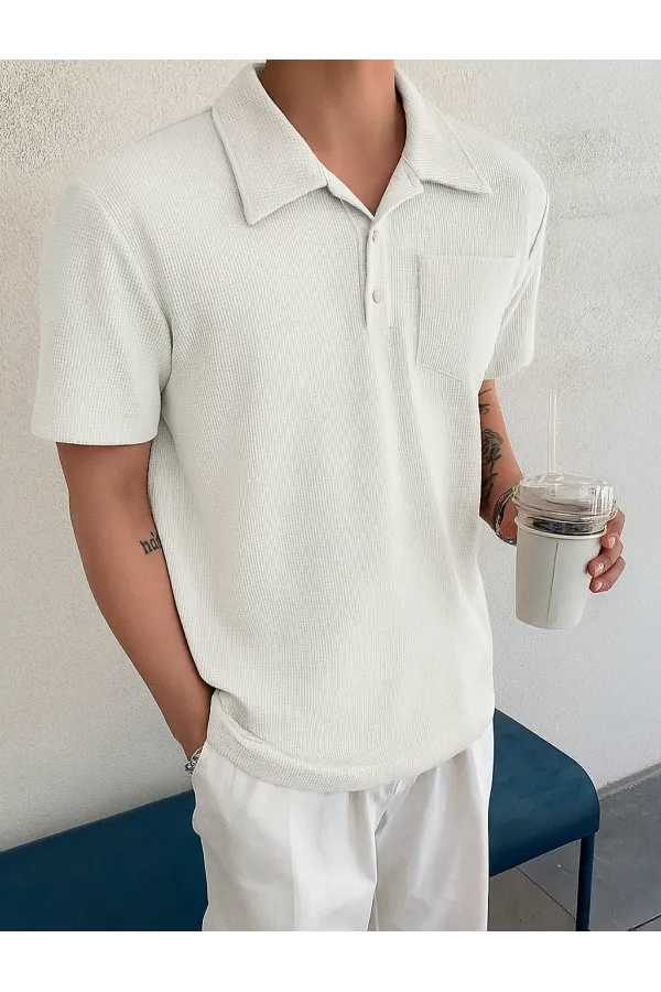 Erkek Oversize Polo Yaka  Waffle T-Shirt  POLOYAKA-DÜĞMELİ