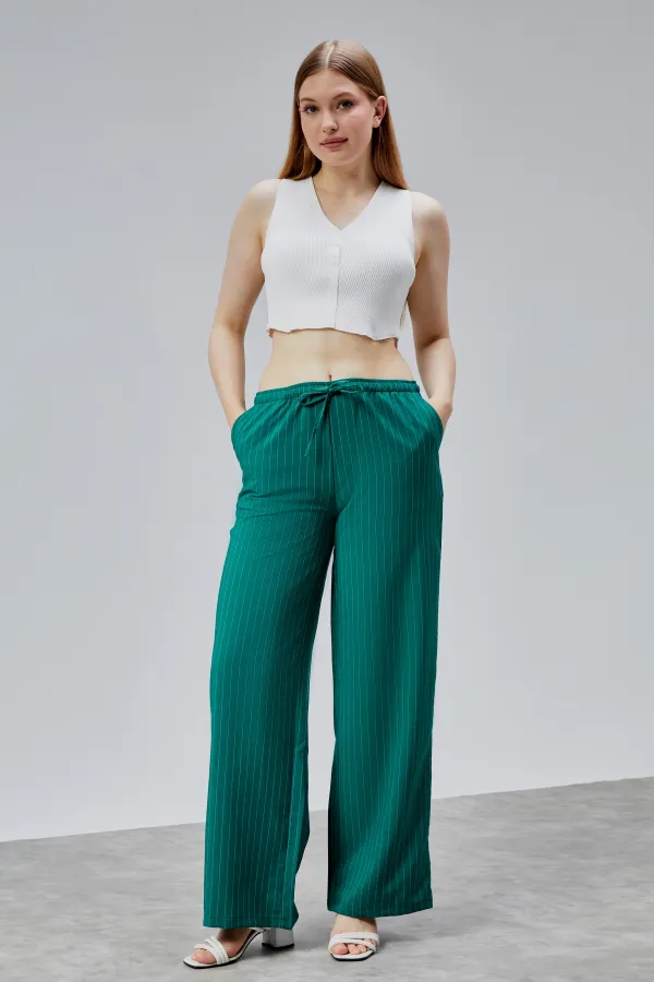 Kadın Pantolon Geniş Paça Yüksel Bel Cepli Çizgili Pantolon ÇİZGİLİ-PANTOLON