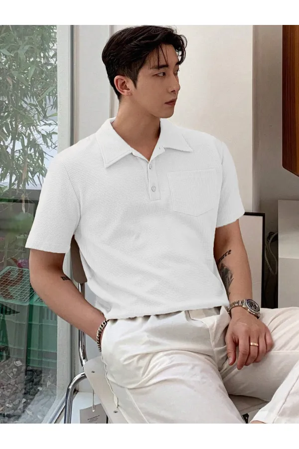 Erkek Oversize Polo Yaka  Waffle T-Shirt  POLOYAKA-DÜĞMELİ