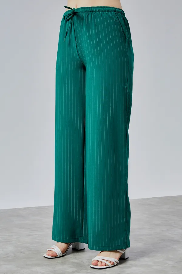 Kadın Pantolon Geniş Paça Yüksel Bel Cepli Çizgili Pantolon ÇİZGİLİ-PANTOLON