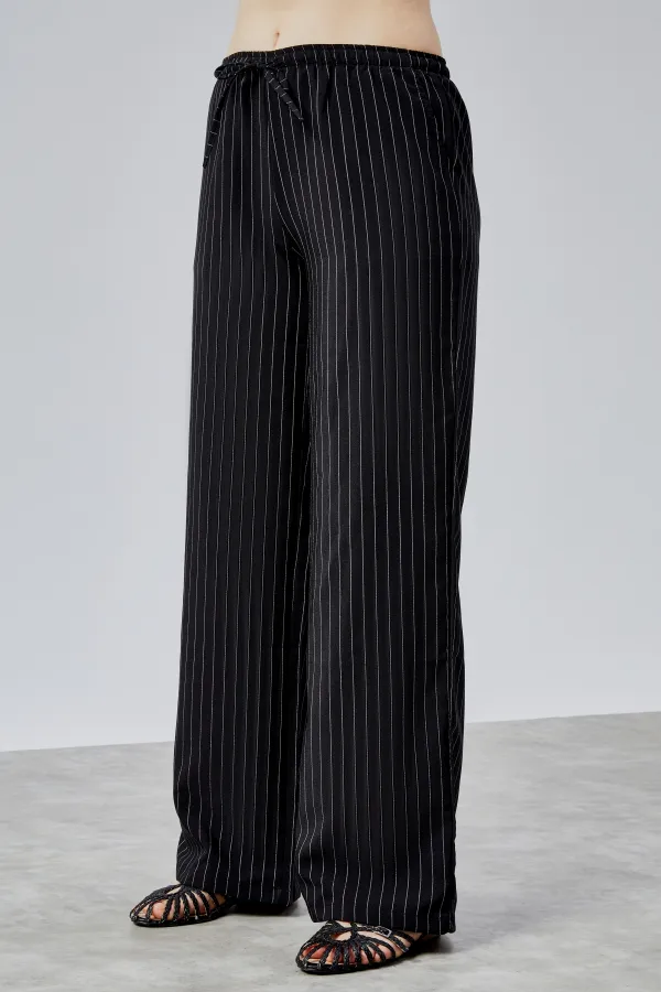 Kadın Pantolon Geniş Paça Yüksel Bel Cepli Çizgili Pantolon ÇİZGİLİ-PANTOLON