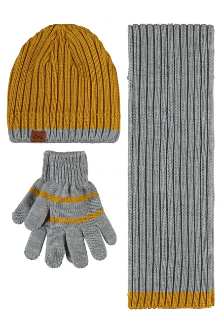 Ensemble écharpe, bonnet et gants pour garçon de 6 à 9 ans, couleur moutarde - Emballage