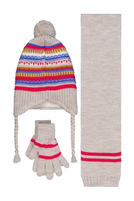 Kız Çocuk Atkı Bere Eldiven Setleri 2-5 Yaş Bej - Paket