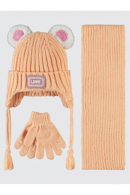 Ensemble écharpe, bonnet et gants pour fille de 2 à 5 ans, couleur pêche - Emballage