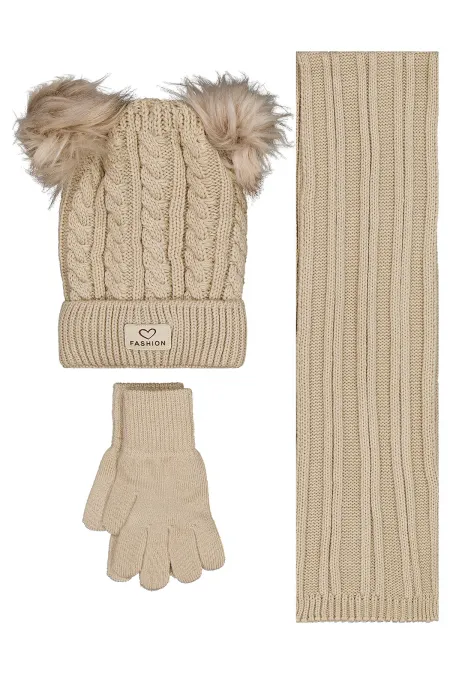 Kız Çocuk Atkı Bere Eldiven Setleri 6-9 Yaş Bej - Paket