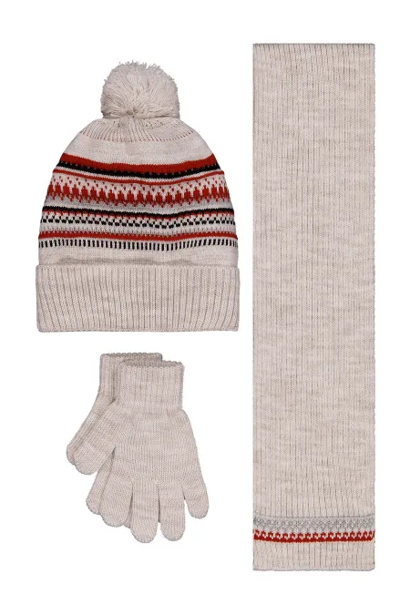 Erkek Çocuk Atkı Bere Eldiven Setleri 6-9 Yaş Gri-Kırmızı - Paket