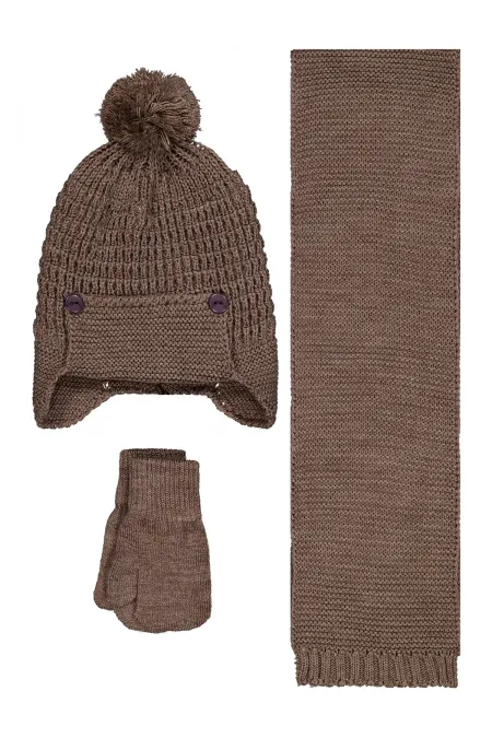 Bebek Atkı Bere Eldiven Setleri 0-24 Ay Kahverengi - Paket